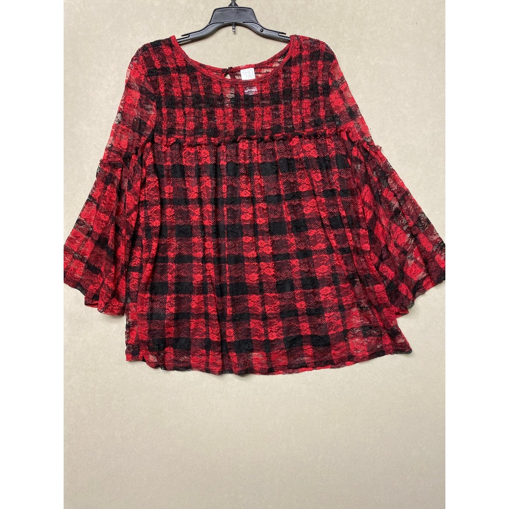 Time and Tru Women Red Black Plaid Lace Bell Sleeve Babydoll Top XL 16-18